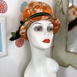 Vintage Orange Flower Print Bubble Hat, 1960s Watercolor Floral Hat, Mr. Glenn.